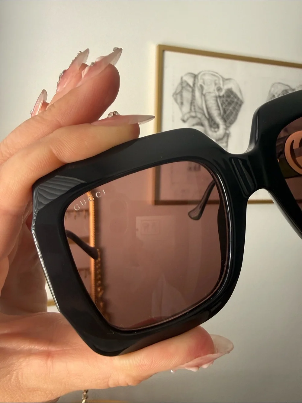Gucci Black Square Sunglasses with Gold Chain and Brown Lenses